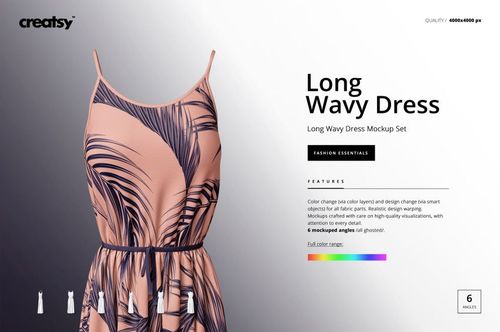 Front view of a long wavy dress mockup with thin straps, featuring a pink base and dark abstract leaf pattern.
