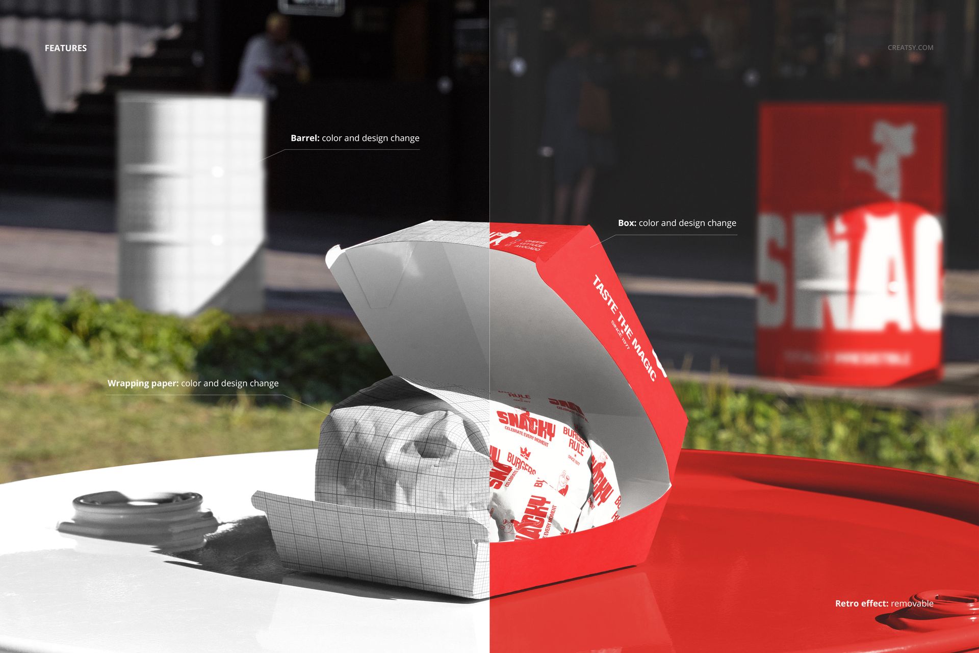 Burger box mockup with red and white design, placed on a barrel outdoors near a wrapped burger and food spot.