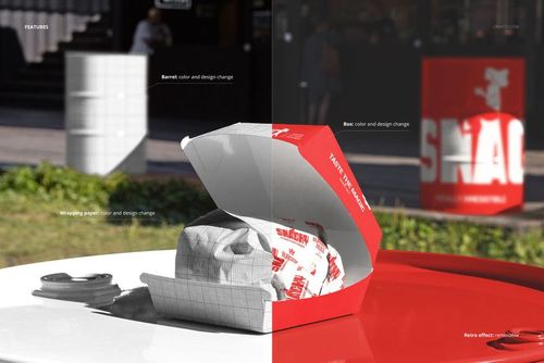 Burger box mockup with red and white design, placed on a barrel outdoors near a wrapped burger and food spot.