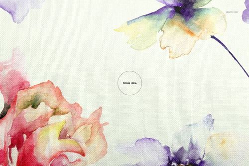 Close-up of a rectangular pillow mockup featuring soft watercolor flowers in pastel pink, purple, and green on fabric.