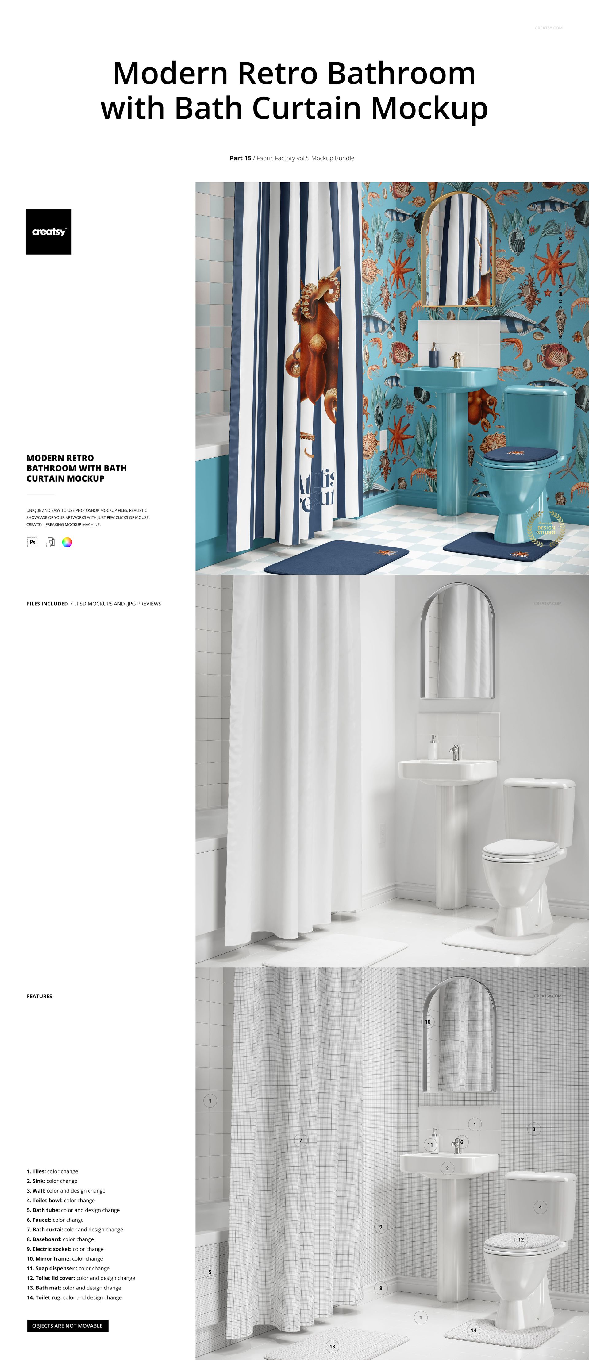 PSD mockup of a modern bathroom with a bath curtain, blue sink and toilet, and patterned wall decor.