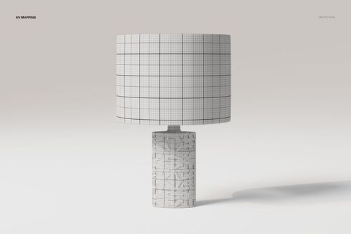 Front view of a decorative table lamp 3D model with a cylindrical base and grid-patterned lampshade on a light background.
