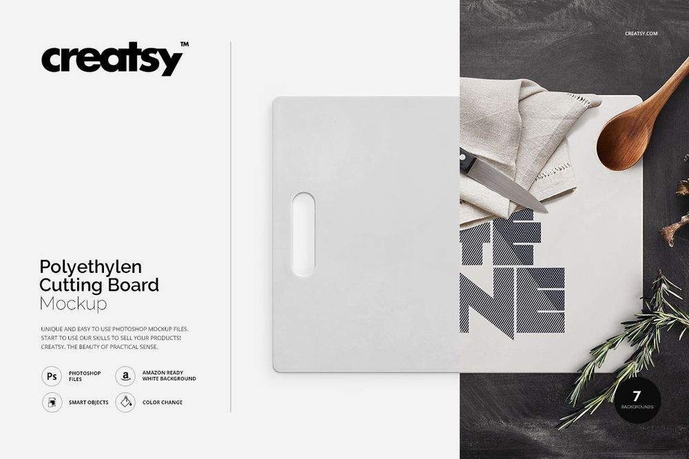 Rectangular polyethylen cutting board mockup with a handle, shown from top view on a dark wooden surface.