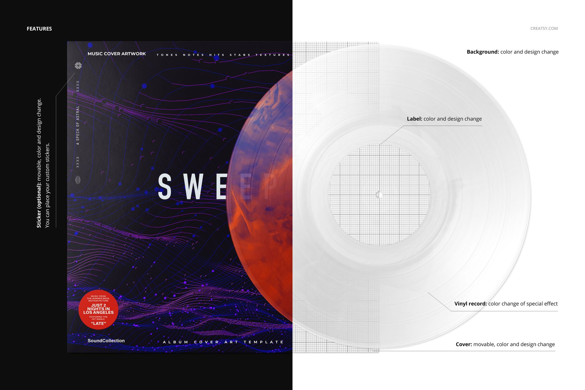 Front view of a marbled effect vinyl record and cover mockup, featuring a transparent record and abstract cover design.