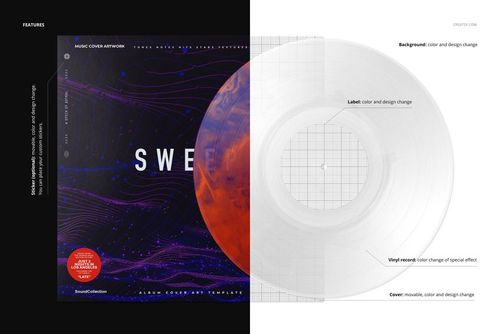 Front view of a marbled effect vinyl record and cover mockup, featuring a transparent record and abstract cover design.