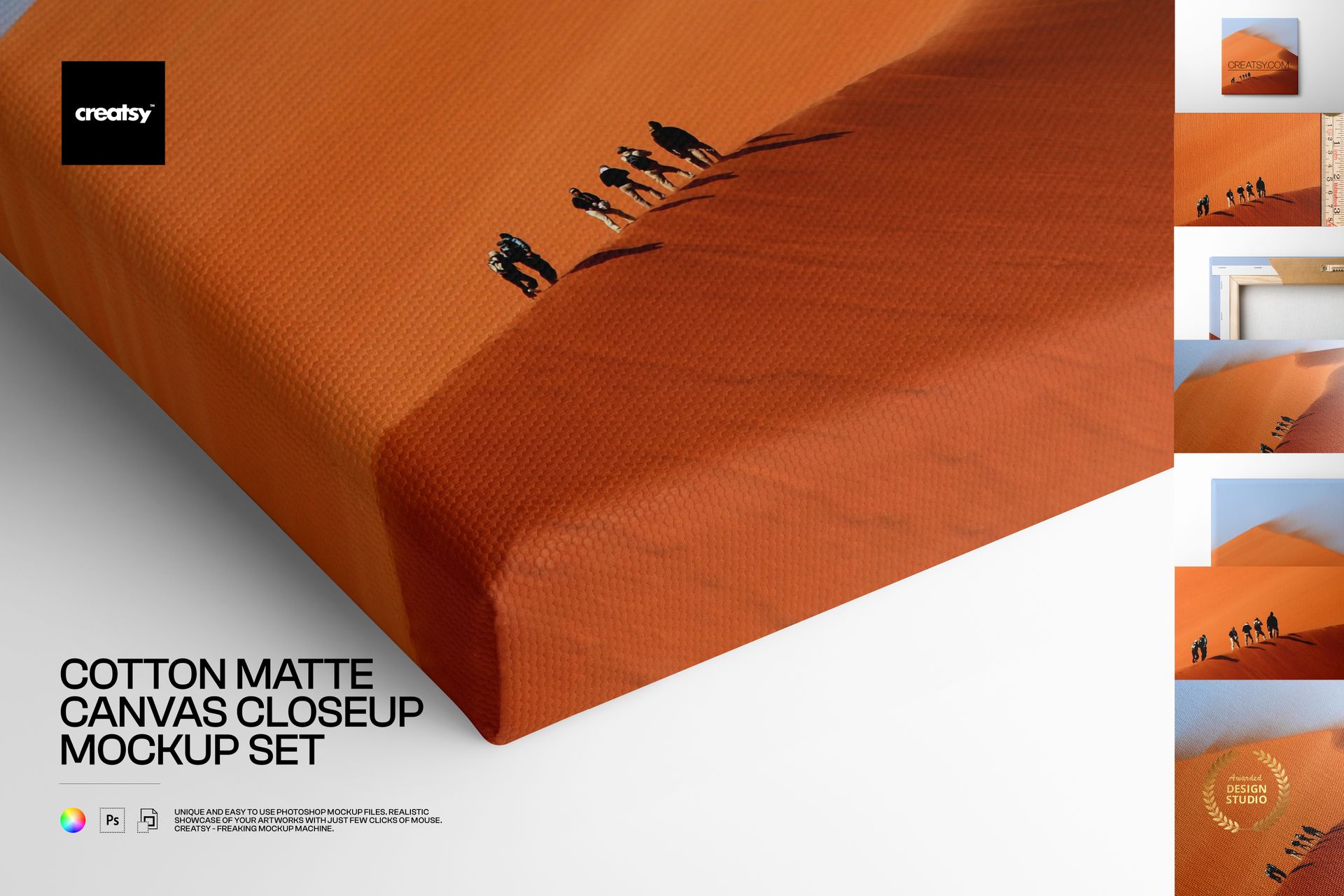 Front angle of a cotton matte canvas mockup featuring a textured orange print and visible 2 cm thick wrapped edge.