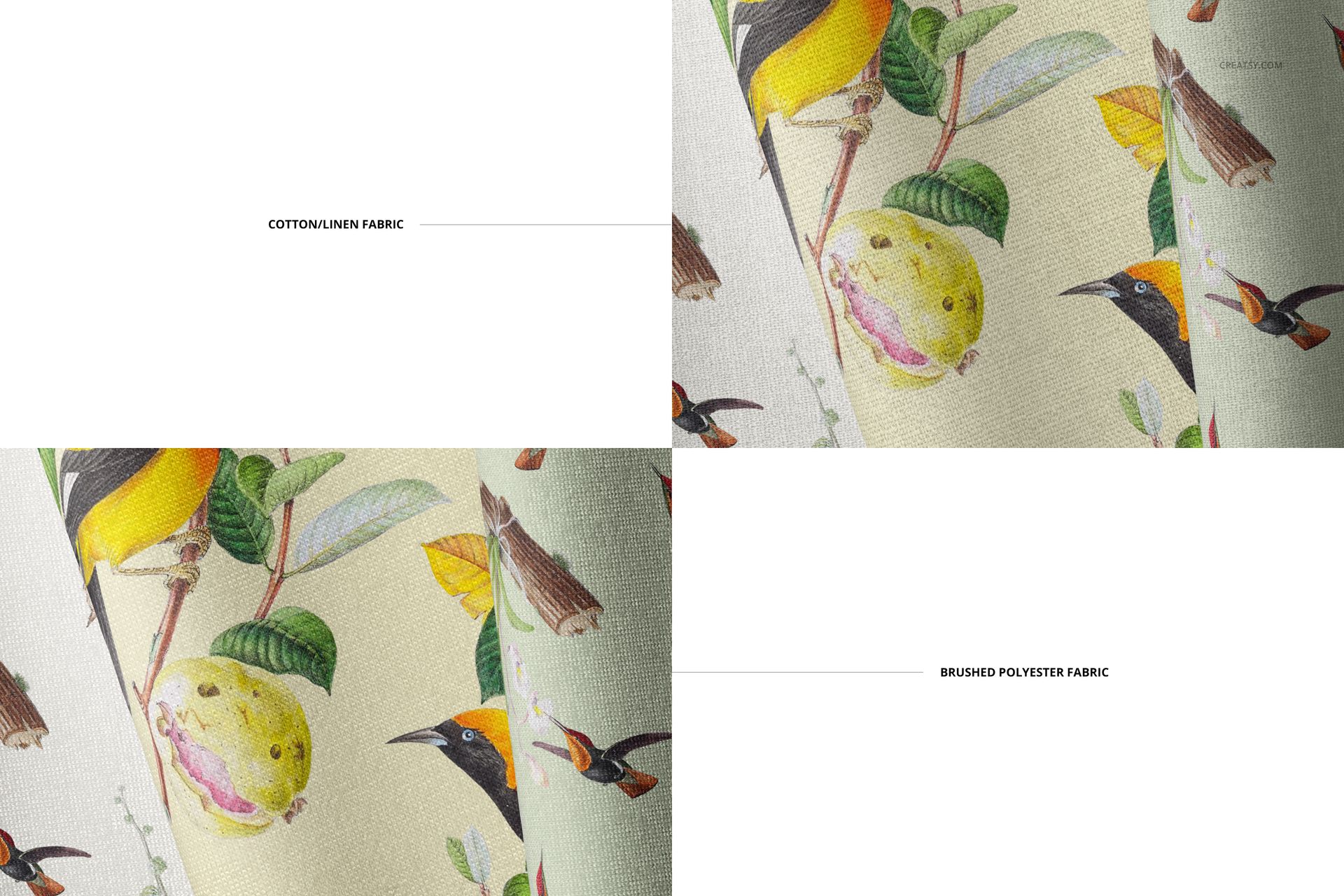 Folded fabric mockup showing cotton-linen and brushed polyester materials with bird and fruit illustrations.