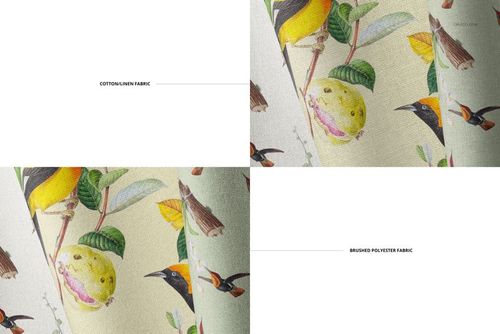 Folded fabric mockup showing cotton-linen and brushed polyester materials with bird and fruit illustrations.