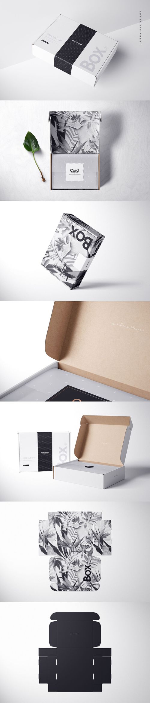 Mailing box mockup bundle featuring rectangular boxes with white and black surfaces, shown from various angles and open lid views.