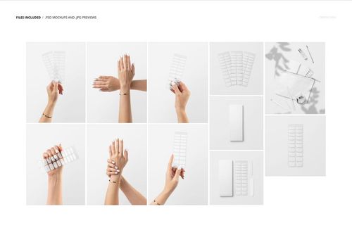 UV gel nail wraps mockup set featuring clear nail wrap sheets and hands displaying applied nail wraps on a white background.