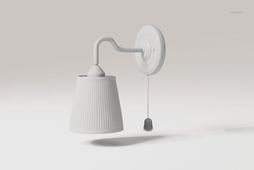Scandi style wall lamp with a pleated shade and pull cord, shown in a minimal white 3D render, side view.