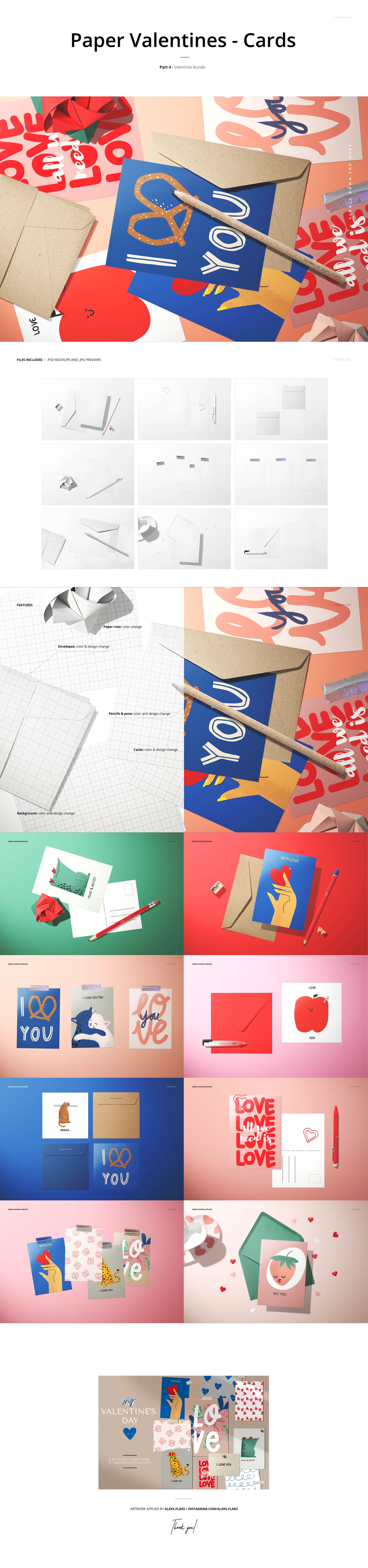 Assorted Valentine's Day card mockups displayed with envelopes, paper props, and decorative elements in various scenes.
