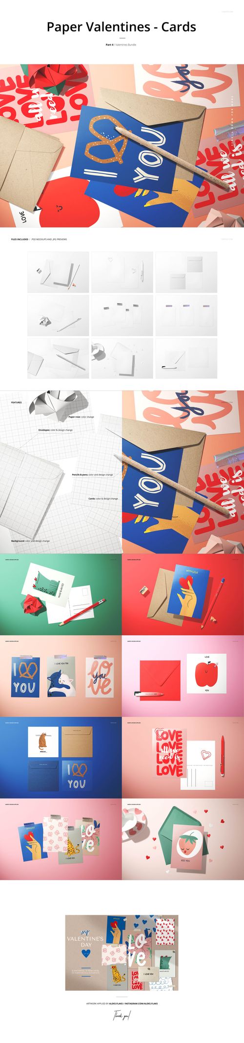 Assorted Valentine's Day card mockups displayed with envelopes, paper props, and decorative elements in various scenes.