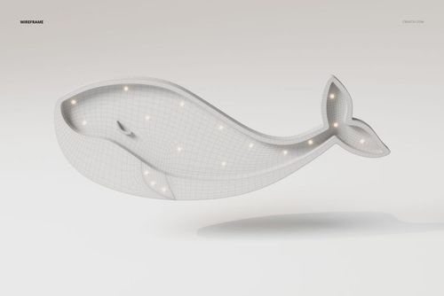 Front view of a whale-shaped wall lamp 3D model in white with visible grid lines and small lights along the edge.