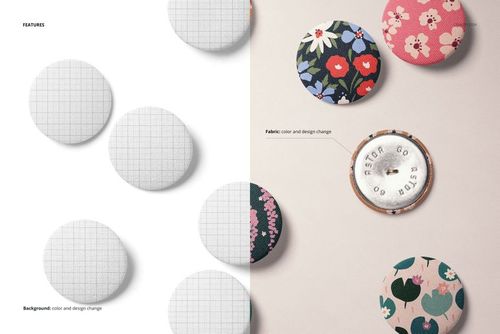 Top view of round fabric buttons mockup, left side with plain grid texture, right side with colorful floral patterns.