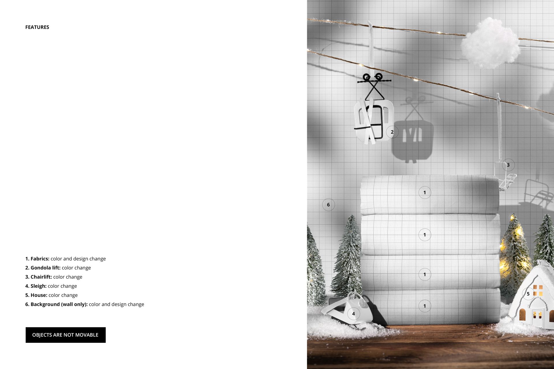 Stack of white cotton fabrics in a Christmas scene mockup, front view with miniature trees and festive props.