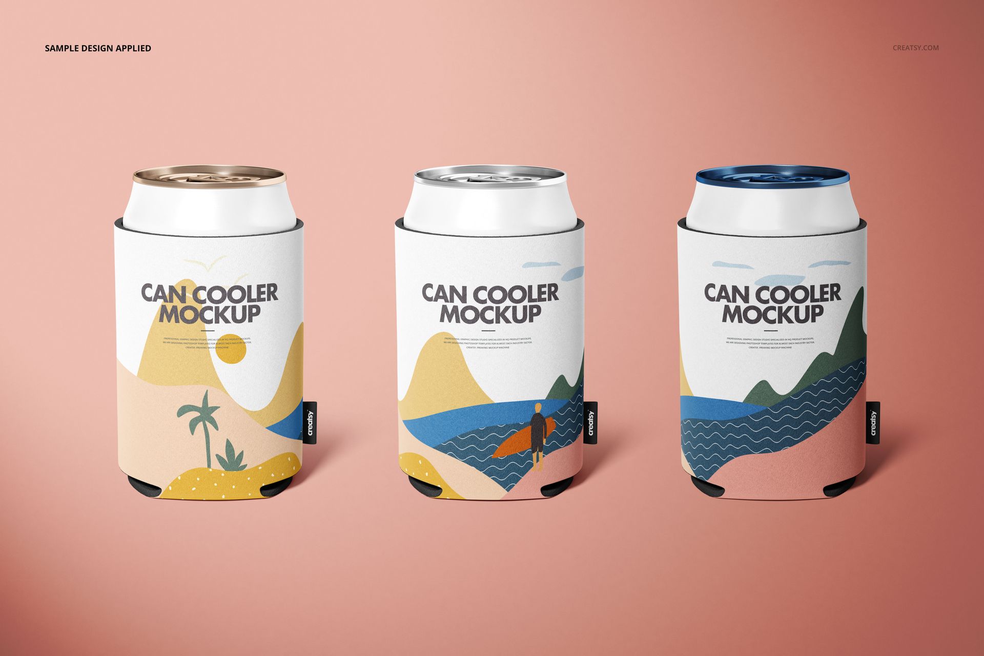 Three neoprene can cooler mockups featuring distinct graphic designs, shown upright against a pastel pink surface.