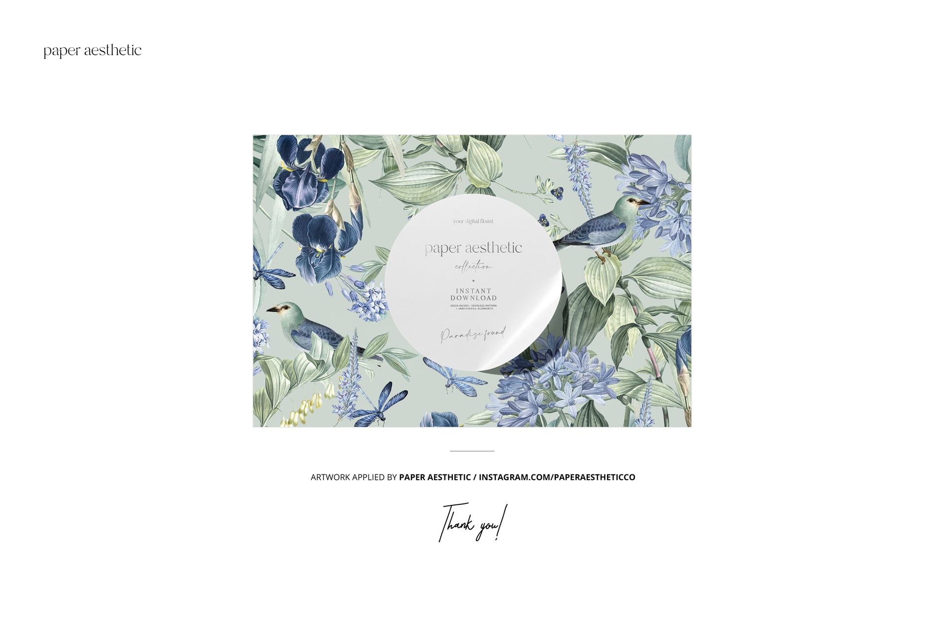 Fabric mockup featuring a detailed nature-inspired design with birds, flowers, and leaves in soft blue and green shades.