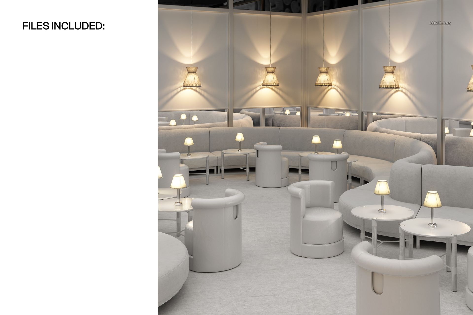 Modern club lounge interior mockup showing curved beige sofas, round tables, and warm wall lighting from a front angle.