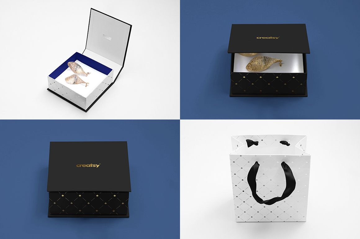 Jewelry box mockup set featuring four views, including open and closed boxes with black and white geometric designs.