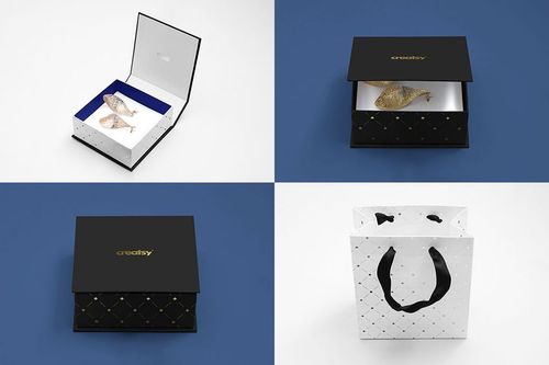 Jewelry box mockup set featuring four views, including open and closed boxes with black and white geometric designs.