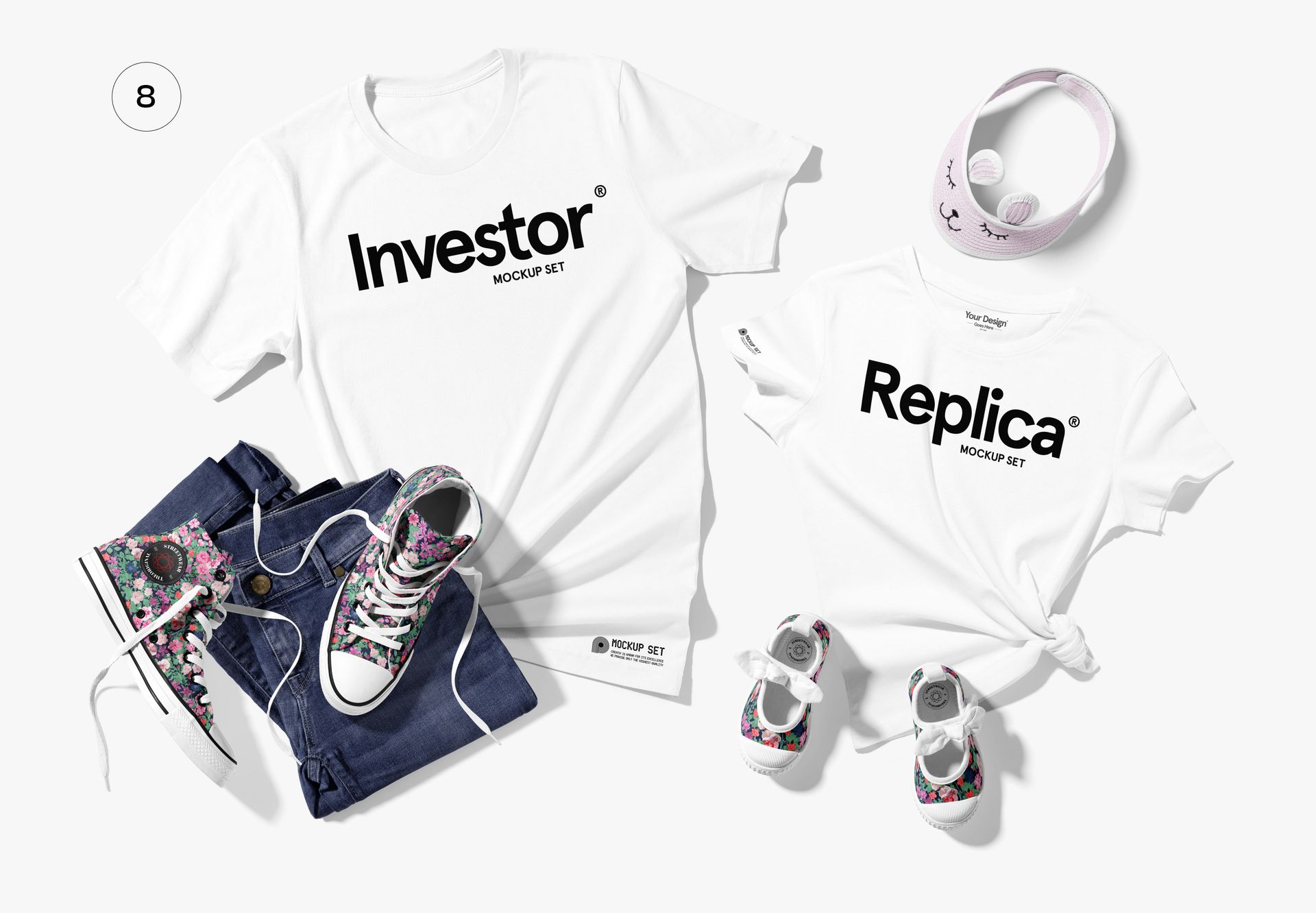 Flat lay of Bella Canvas 3001 family apparel mockup showing white t-shirts, denim jeans, floral shoes, and accessories.