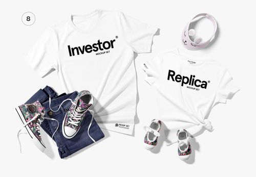 Flat lay of Bella Canvas 3001 family apparel mockup showing white t-shirts, denim jeans, floral shoes, and accessories.
