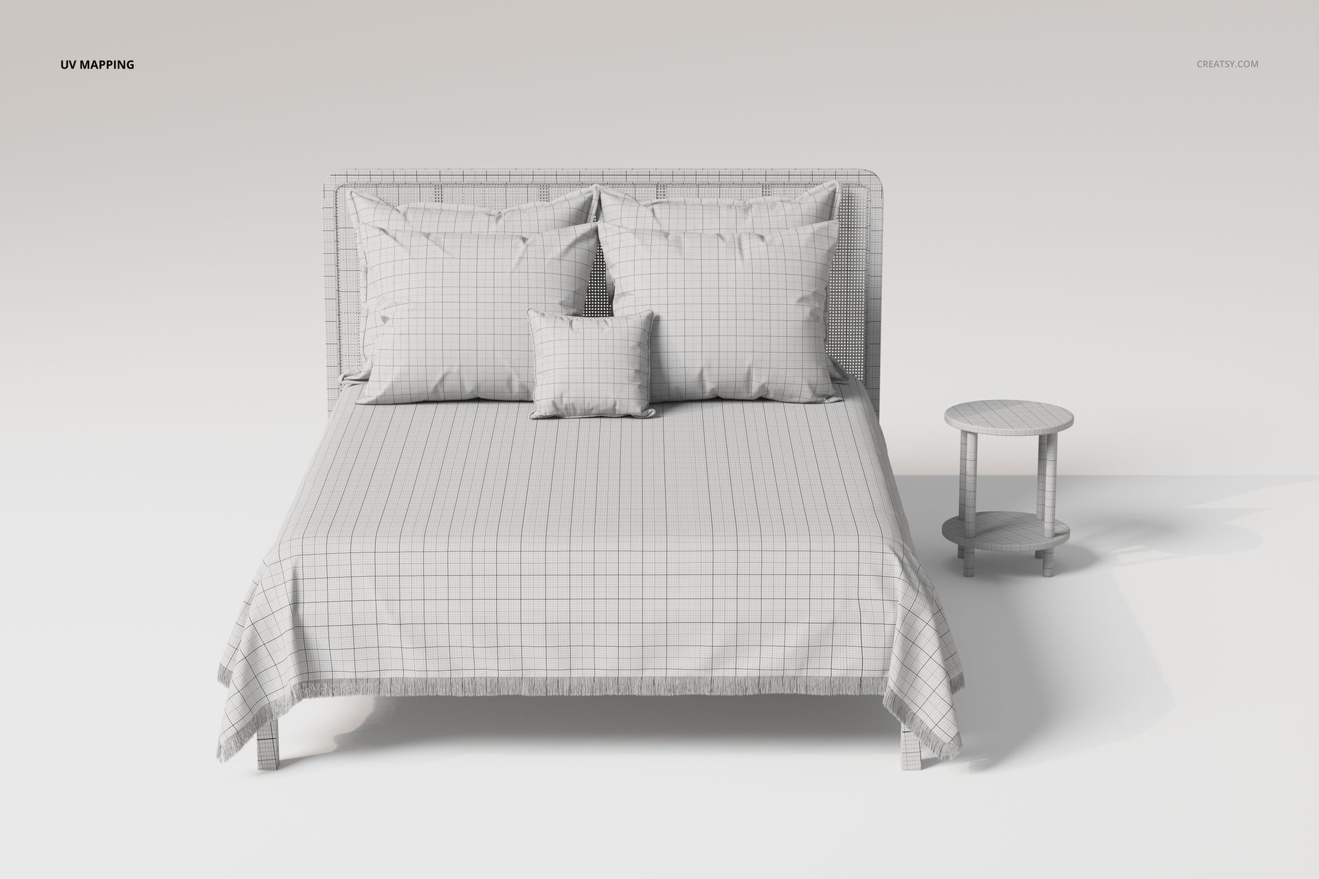Front view of a rattan headboard bed with fringed bedspread, grid pattern texture, and side round table in neutral setting.