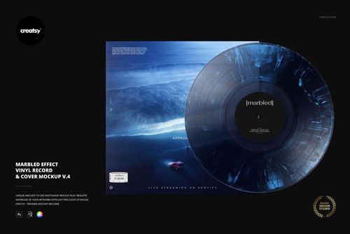 Front view of a marbled effect vinyl record and cover mockup with blue and black swirling patterns on a dark background.
