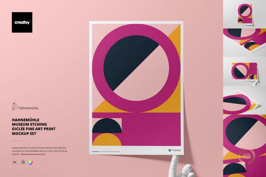 PSD mockup of a giclée art print with modern geometric pattern, shown on a flat surface with a gloved hand for scale.
