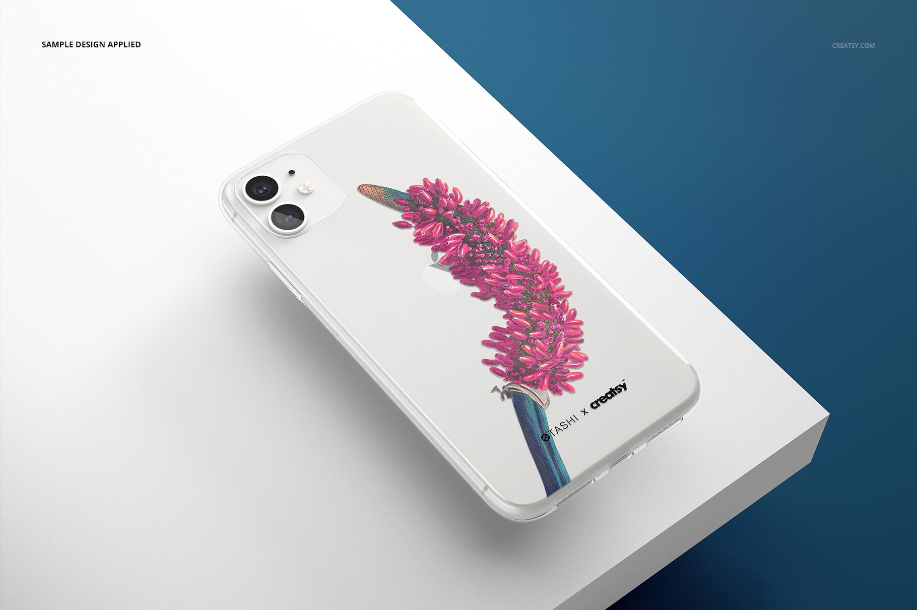 PSD mockup of an iPhone 11 clear case with a botanical illustration, presented in a diagonal perspective on a minimalist background.