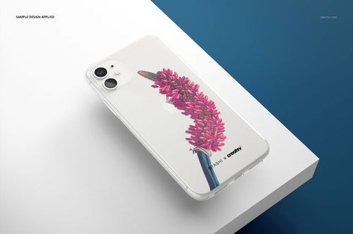 PSD mockup of an iPhone 11 clear case with a botanical illustration, presented in a diagonal perspective on a minimalist background.