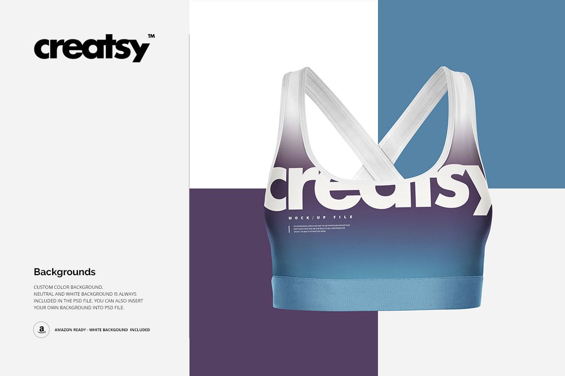 PSD mockup of a sport bra featuring a blue-to-purple gradient, bold white lettering, and white straps, displayed front-facing.