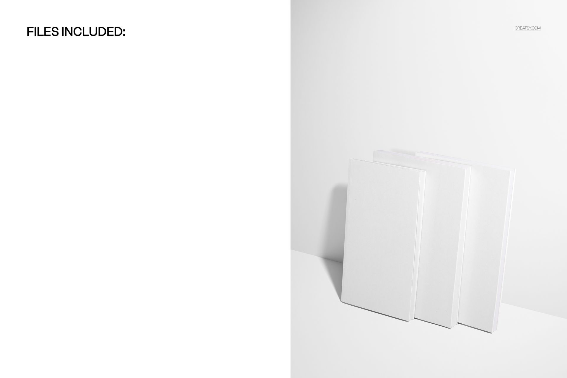 PSD mockup showing three upright planners with plain white covers, arranged side by side on a white background.