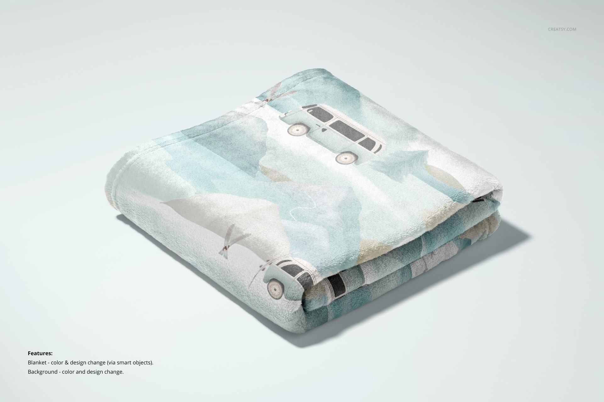 30x40 fleece blanket mockup displayed folded, with whimsical car illustrations and pastel background colors.