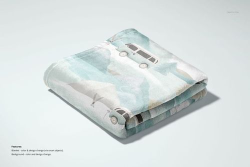 30x40 fleece blanket mockup displayed folded, with whimsical car illustrations and pastel background colors.