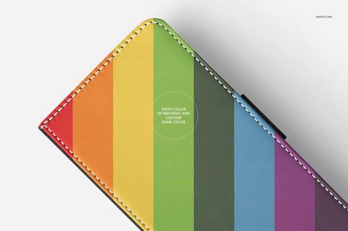 Colorful foldable phone case mockup featuring diagonal rainbow stripes and visible seam, top angle on white.