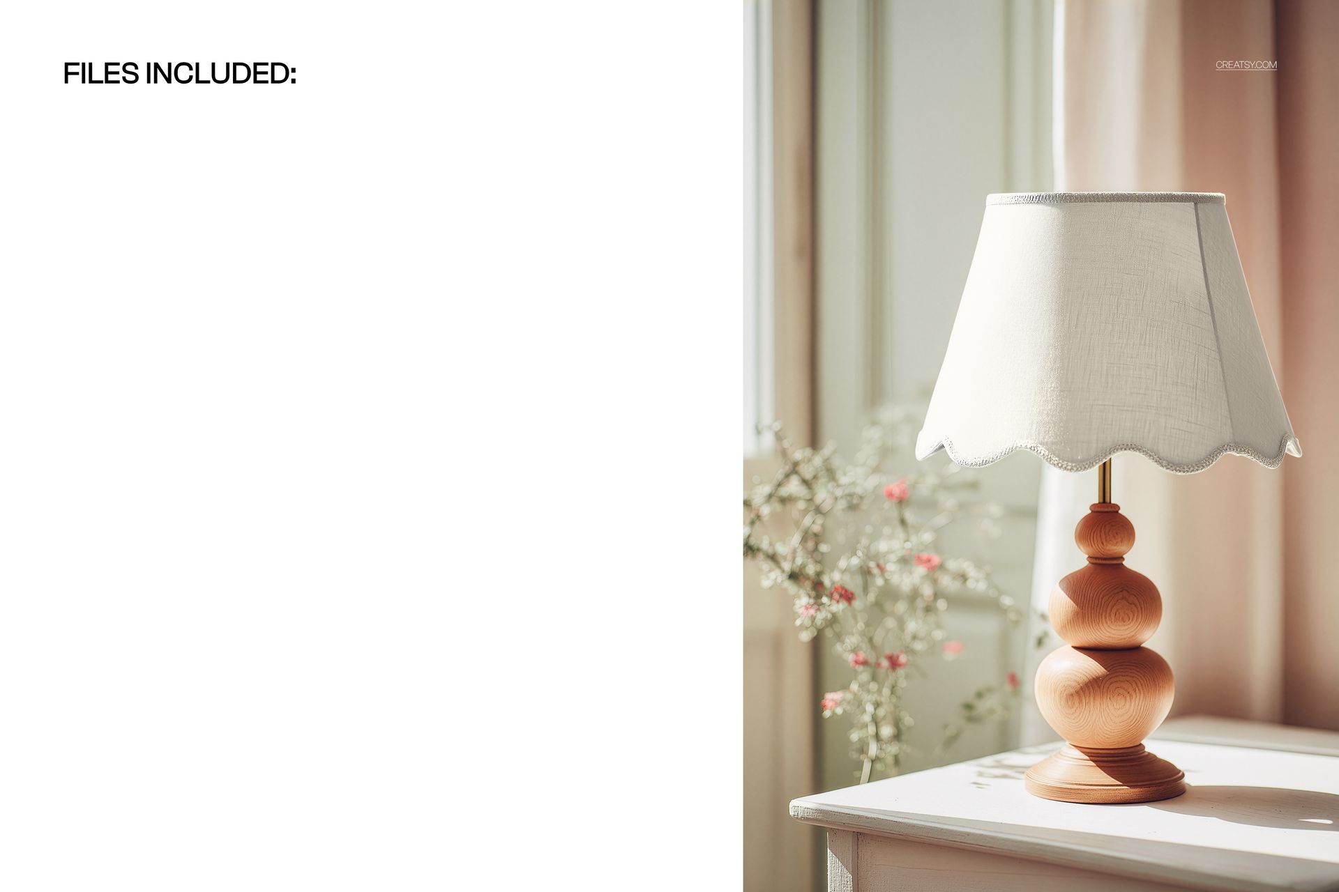 Front view of a mockup featuring a scalloped edge lampshade on a sculpted wooden base, placed near a window.
