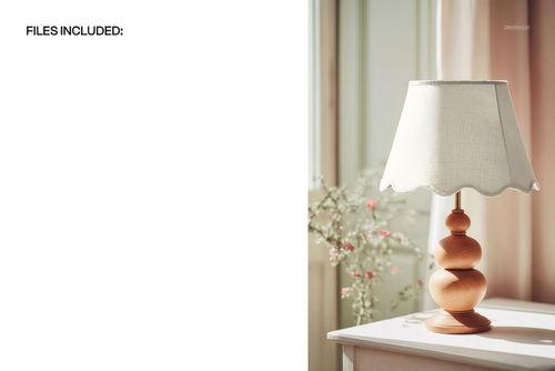 Front view of a mockup featuring a scalloped edge lampshade on a sculpted wooden base, placed near a window.