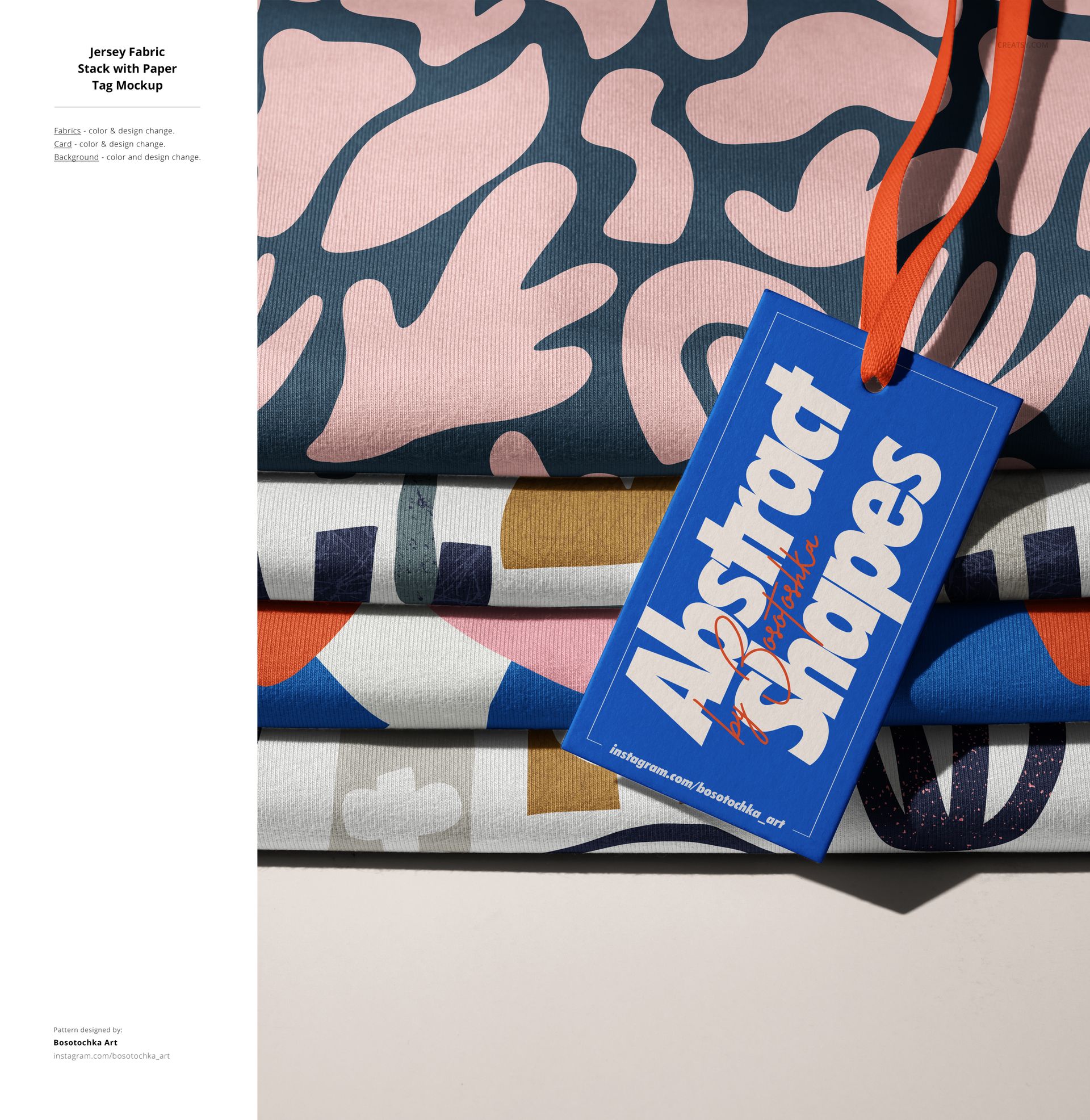 Front view of layered jersey fabric mockup featuring colorful abstract designs and a blue paper tag with orange string.