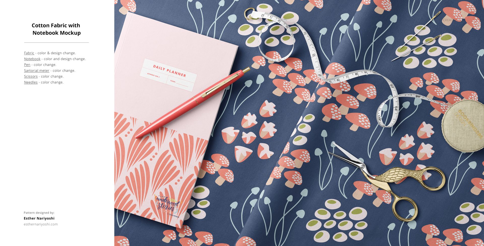 Floral cotton fabric mockup displayed flat with scissors, thread, notebook, pen, and measuring tape arranged on top.