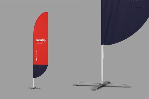 Outdoor flags mockup showing a tall curved flag in red and navy, and a close-up of a flag base, both on a neutral background.