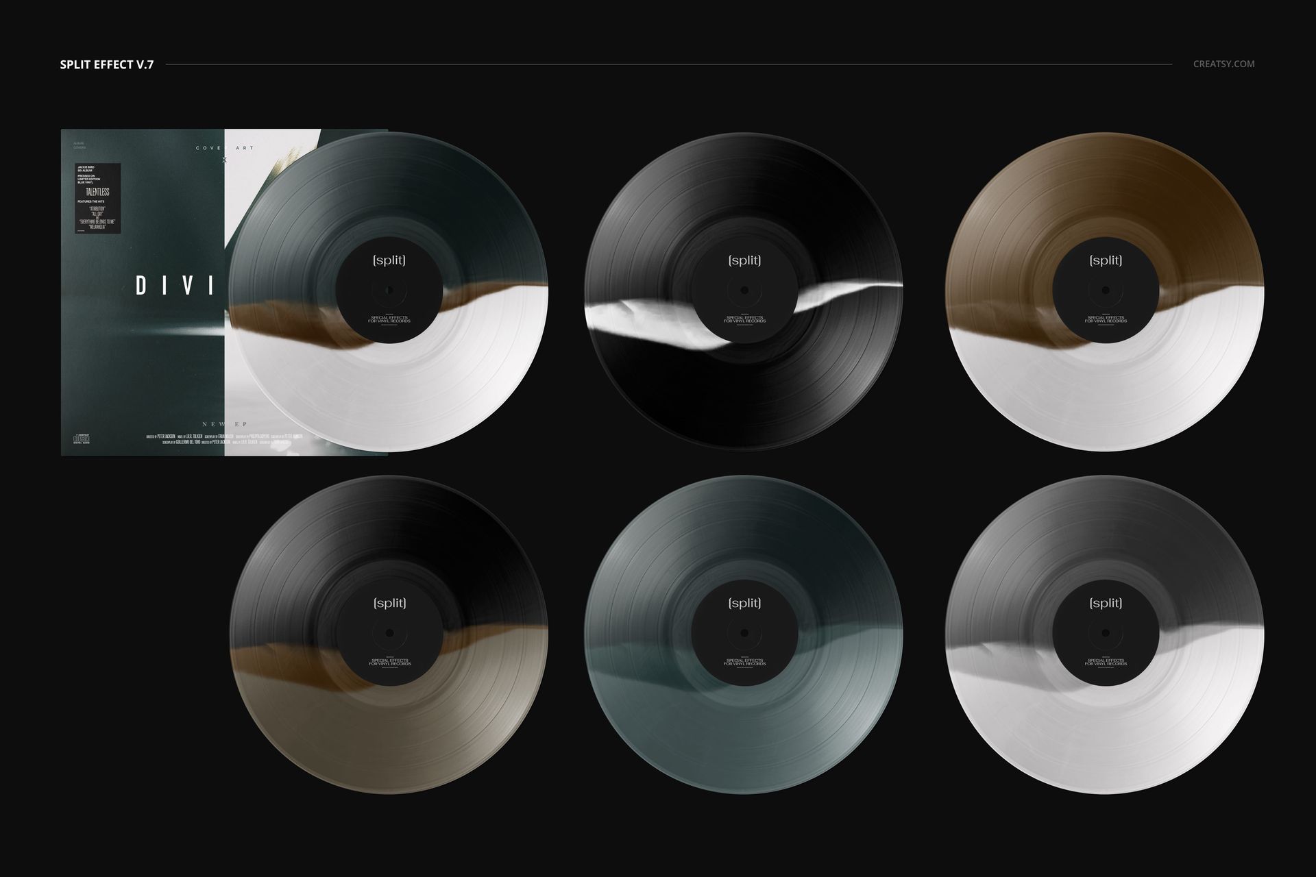 Front view of a vinyl record and cover mockup set featuring six records with split color effects on a black background.