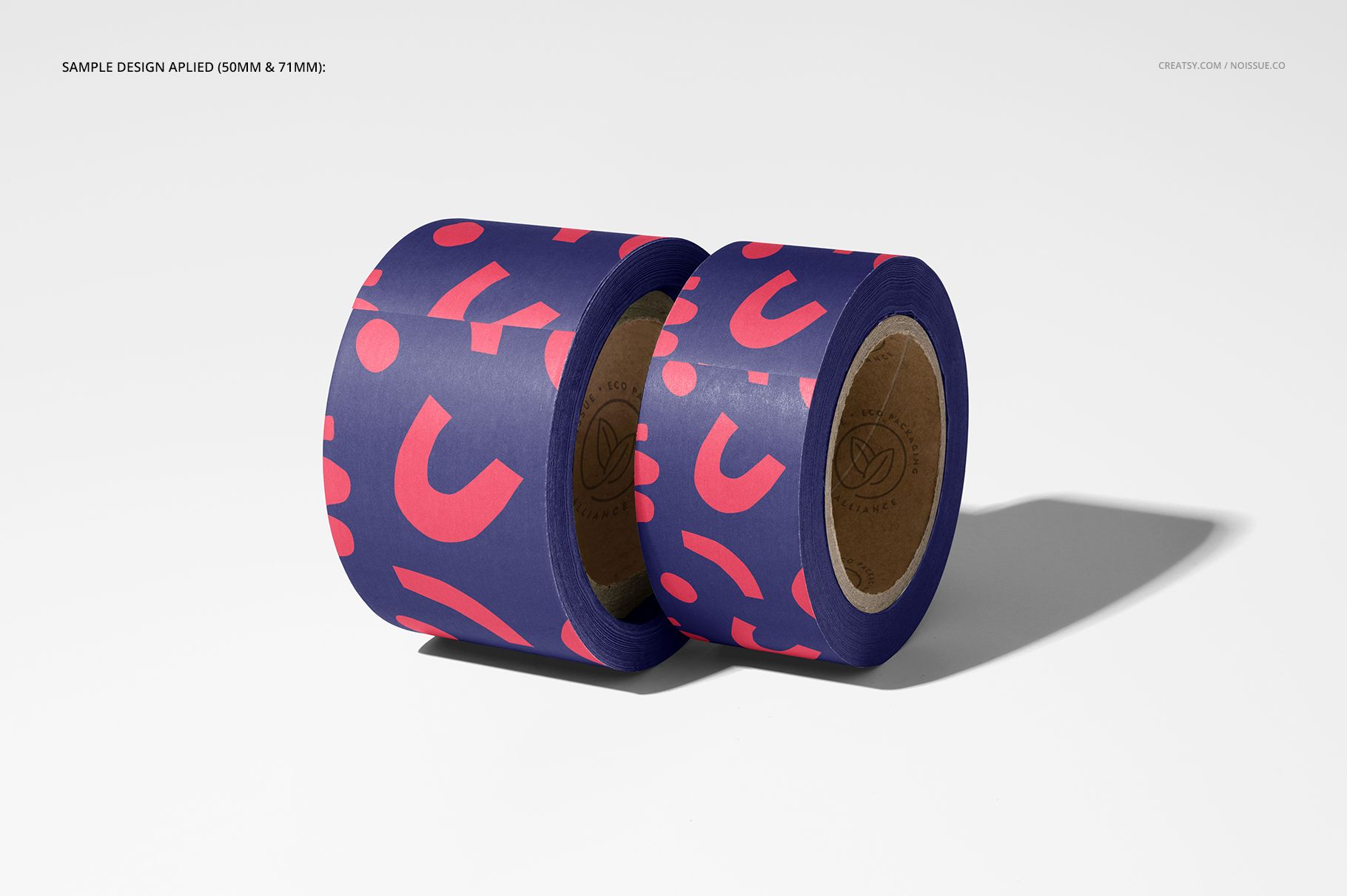 Mockup of packaging tape in two sizes, both with vibrant purple and pink design, photographed on a light background.
