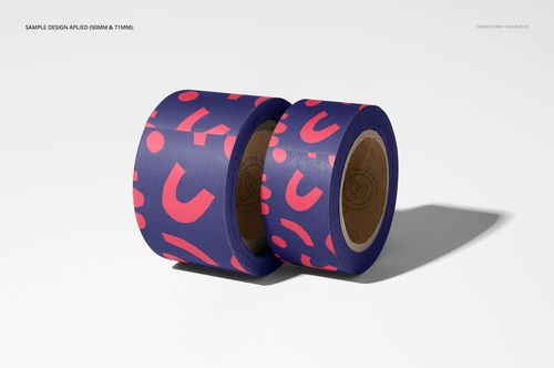 Mockup of packaging tape in two sizes, both with vibrant purple and pink design, photographed on a light background.