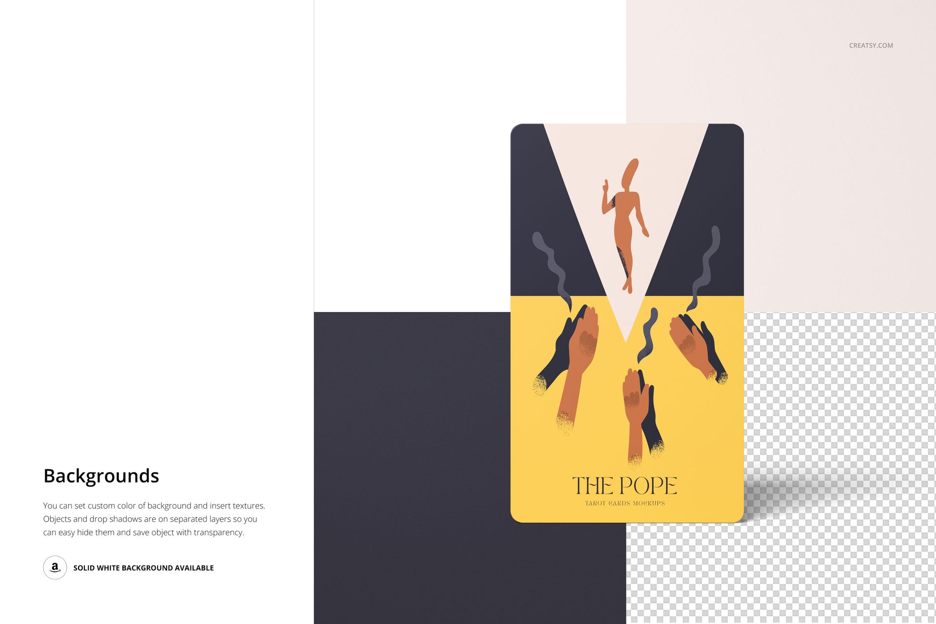 Front view of a tarot card mockup with a yellow and beige design, featuring illustrated hands and a central figure.