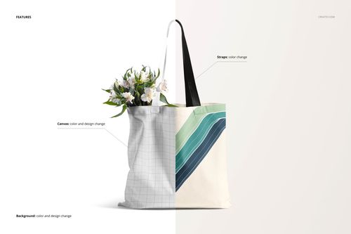 Front view of a tote bag mockup with black handles, half decorated with flowers and geometric patterns, split background.
