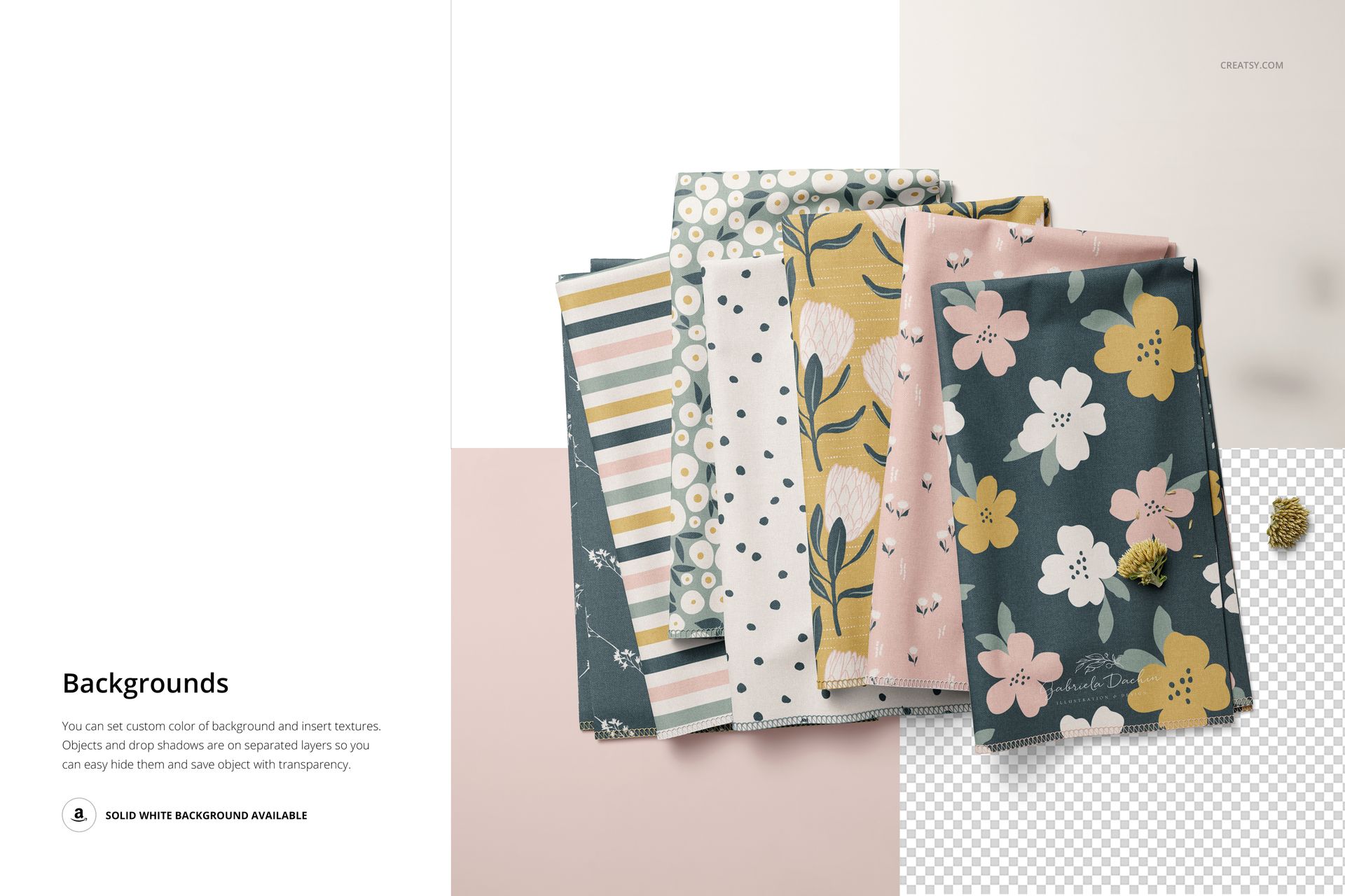 Folded fabrics mockup showing six textile pieces in pastel colors and floral designs, arranged in a neat stack.