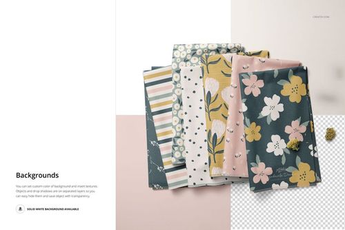Folded fabrics mockup showing six textile pieces in pastel colors and floral designs, arranged in a neat stack.