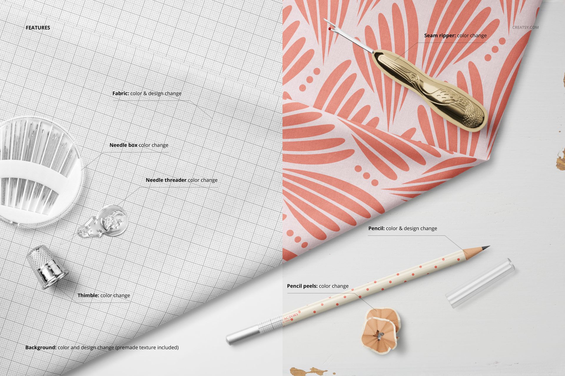 Cotton fabric mockup featuring a coral and white abstract pattern, shown with a seam ripper and sewing tools on a table.